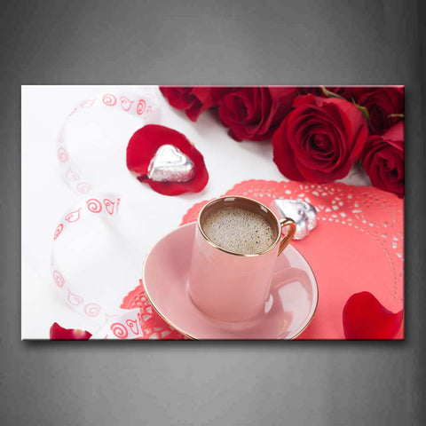 Coffee In Pink Cup With Red Rose Wall Art Painting The Picture Print On Canvas Food Pictures For Home Decor Decoration Gift 