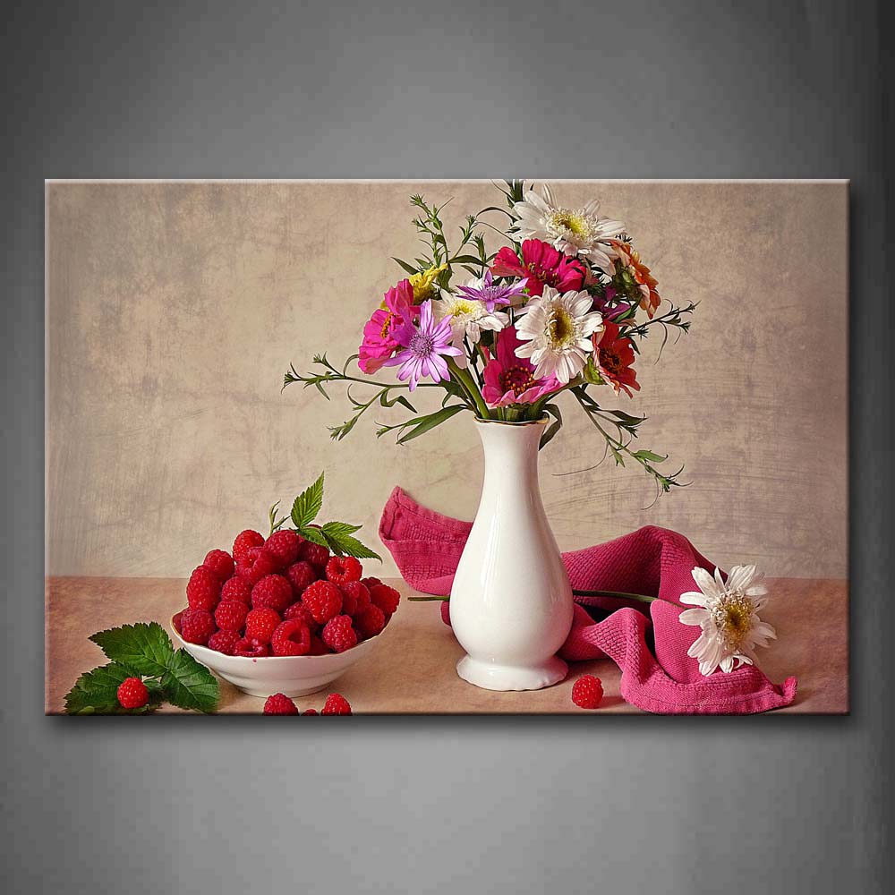 Various Flower In White Vase With Raspberry Wall Art Painting Pictures Print On Canvas Food The Picture For Home Modern Decoration 