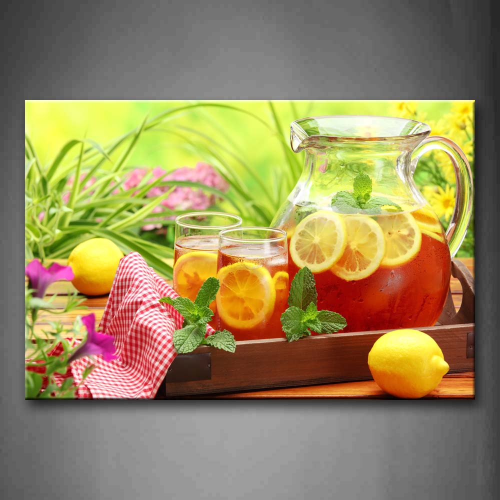 Tea With Lemon In Teapot With Grass Wall Art Painting Pictures Print On Canvas Food The Picture For Home Modern Decoration 