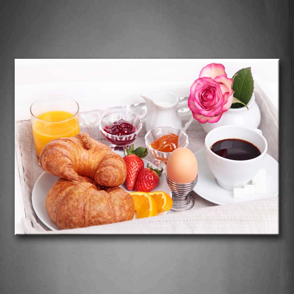 Breakfast With Bread Orange Juice Egg Coffee Strawberry Flower Wall Art Painting The Picture Print On Canvas Food Pictures For Home Decor Decoration Gift 
