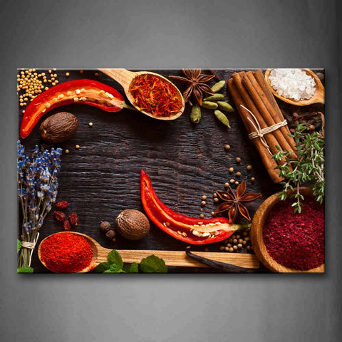 Herbs And Spices On The Wooden Board. Wall Art Painting The Picture Print On Canvas Food Pictures For Home Decor Decoration Gift 