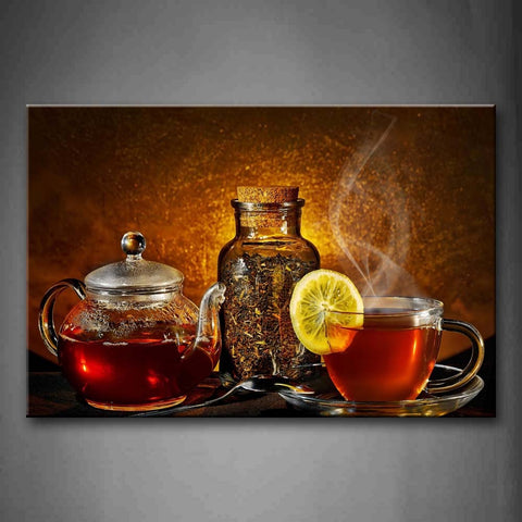 Brown Hot Tea And Tea Set With Lemon Piece. Wall Art Painting The Picture Print On Canvas Food Pictures For Home Decor Decoration Gift 