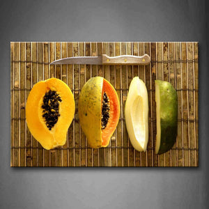 Yellow Orange Some Papayas With Knife. Wall Art Painting Pictures Print On Canvas Food The Picture For Home Modern Decoration 