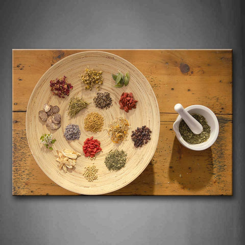 Herbs And Spices With Bowl And Wooden Board. Wall Art Painting The Picture Print On Canvas Food Pictures For Home Decor Decoration Gift 