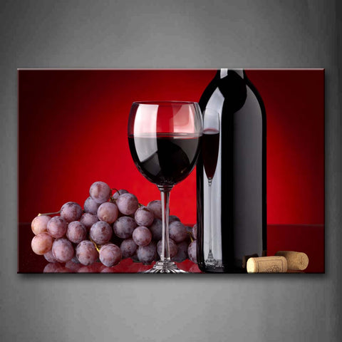 Red A Cup Of Wine And Wine Bottle With Some Grapes. Wall Art Painting The Picture Print On Canvas Food Pictures For Home Decor Decoration Gift 