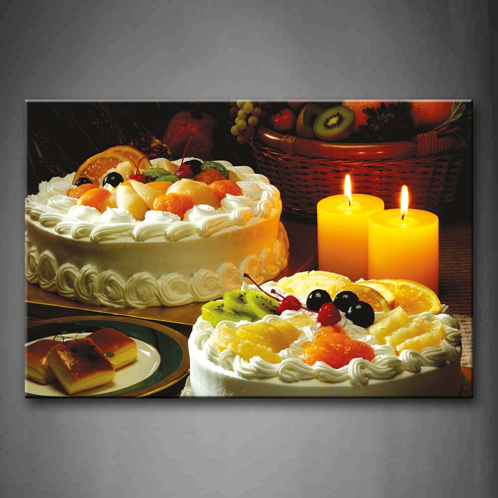 Cake And  Fruit With Candle. Wall Art Painting Pictures Print On Canvas Food The Picture For Home Modern Decoration 