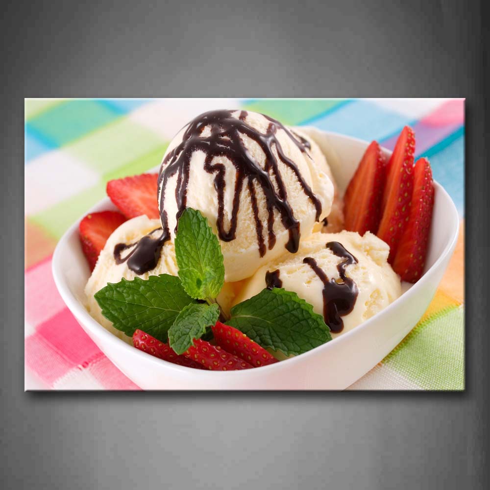 Ice Cream With Chocolate Sauce With Strawberries. Wall Art Painting The Picture Print On Canvas Food Pictures For Home Decor Decoration Gift 