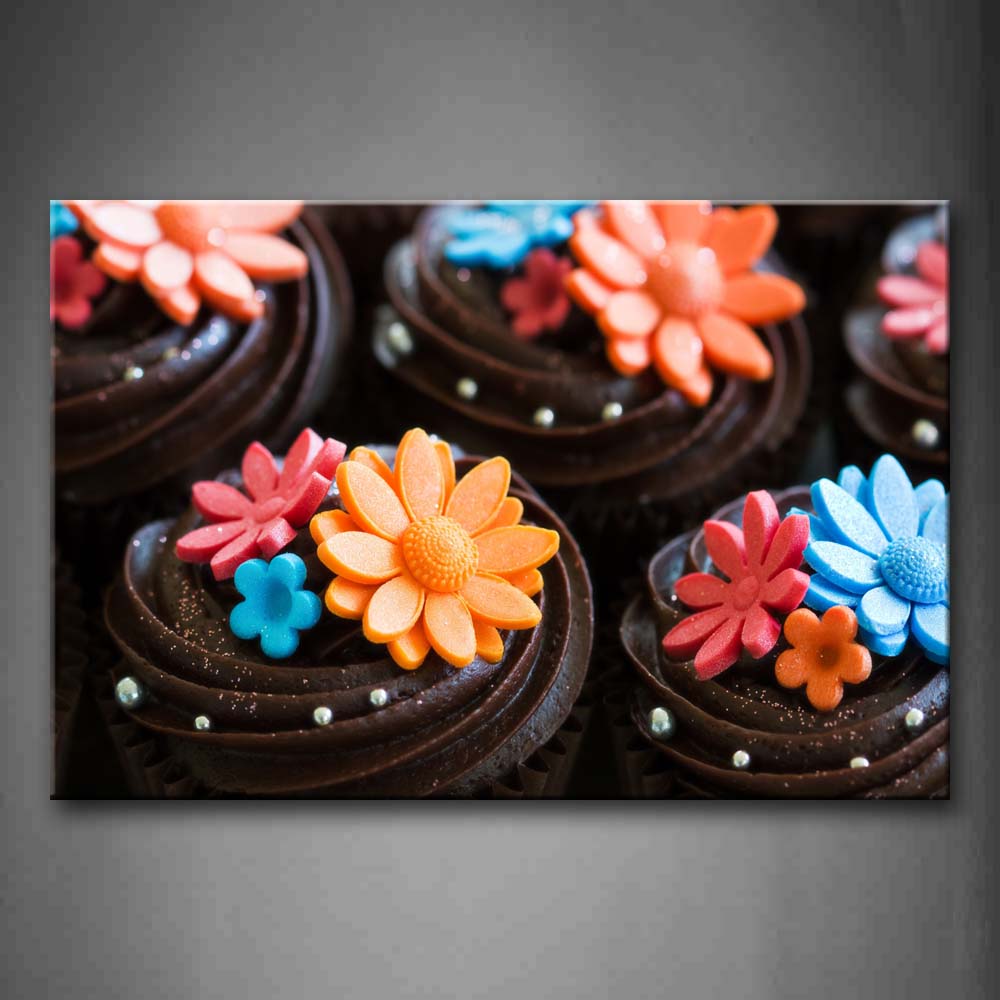 Chocolate Cupcake With Colourful Flowers Wall Art Painting Pictures Print On Canvas Food The Picture For Home Modern Decoration 