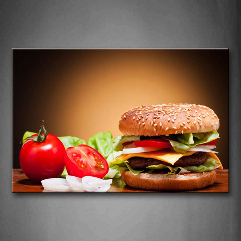 Burger With Meat And Vegetables Tomatoes Onion Wall Art Painting Pictures Print On Canvas Food The Picture For Home Modern Decoration 