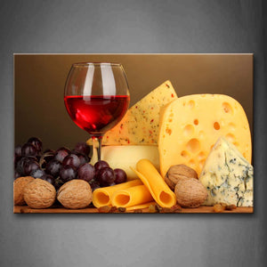 Wine In Glass With Cheese And Grapes Walnut Wall Art Painting The Picture Print On Canvas Food Pictures For Home Decor Decoration Gift 