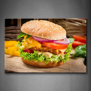 Yellow Orange Burger With Meat And Onion Vegetables Wall Art Painting The Picture Print On Canvas Food Pictures For Home Decor Decoration Gift 