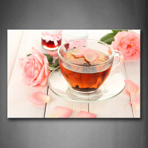 Red Tea With Pink Flowers Wall Art Painting Pictures Print On Canvas Food The Picture For Home Modern Decoration 