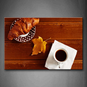 A Cup Of Coffee And Croissant A Piece Of Leaf Wall Art Painting The Picture Print On Canvas Food Pictures For Home Decor Decoration Gift 