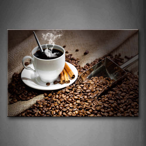 A Cup Of Hot Coffee And Many Coffee Beans Wall Art Painting Pictures Print On Canvas Food The Picture For Home Modern Decoration 
