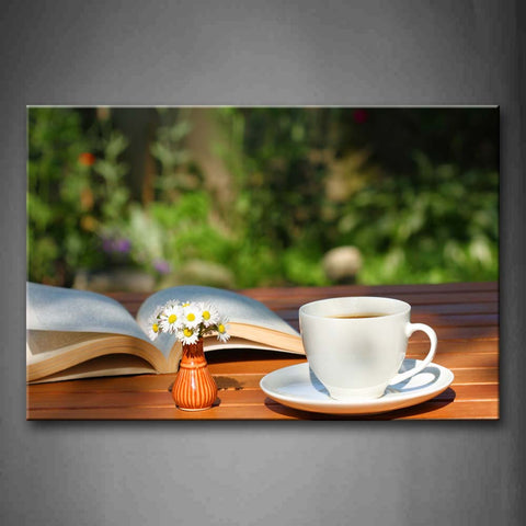 A Cup Of Tea With A Book And Some Flowers Wall Art Painting Pictures Print On Canvas Food The Picture For Home Modern Decoration 