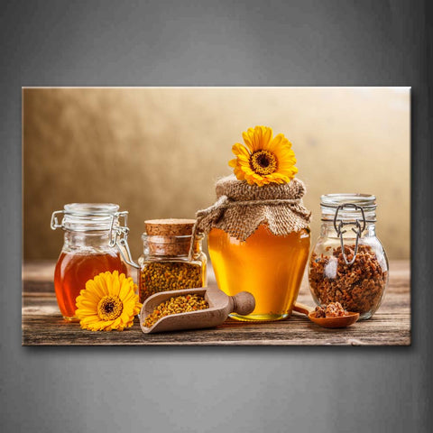 A Bottle Of Honey With Some Bottles And Flowers Wall Art Painting Pictures Print On Canvas Food The Picture For Home Modern Decoration 