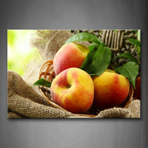 Yellow Orange Some Peaches With Basket And Leaves Wall Art Painting Pictures Print On Canvas Food The Picture For Home Modern Decoration 