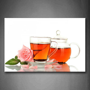 Red Tea In Cup And Teapot With Pink Rose Wall Art Painting The Picture Print On Canvas Food Pictures For Home Decor Decoration Gift 