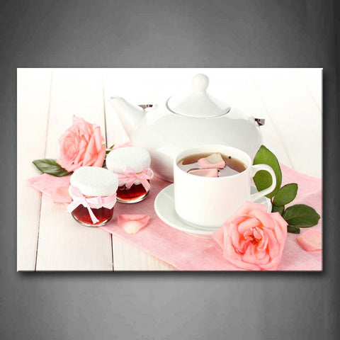 Tea And Cup With Teapot And Some Pink Roses Wall Art Painting The Picture Print On Canvas Food Pictures For Home Decor Decoration Gift 