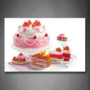 Colourful Cake With Strawberries And Macaron Wall Art Painting Pictures Print On Canvas Food The Picture For Home Modern Decoration 