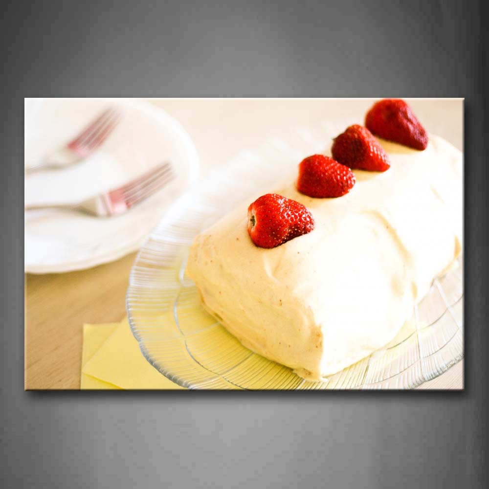 White Cake With Strawberries And Fork Wall Art Painting The Picture Print On Canvas Food Pictures For Home Decor Decoration Gift 