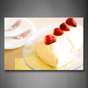 White Cake With Strawberries And Fork Wall Art Painting The Picture Print On Canvas Food Pictures For Home Decor Decoration Gift 