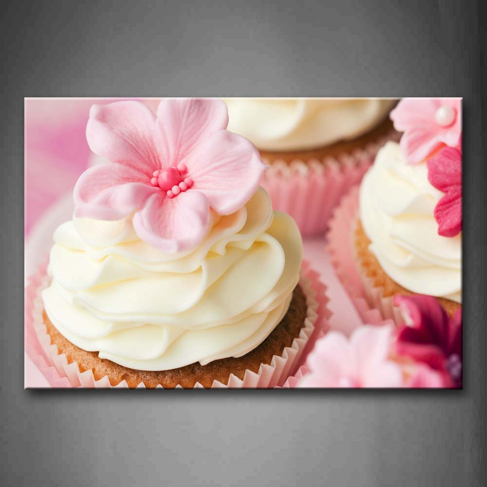 White Cream And Pink Flowers On The Cupcake Wall Art Painting The Picture Print On Canvas Food Pictures For Home Decor Decoration Gift 