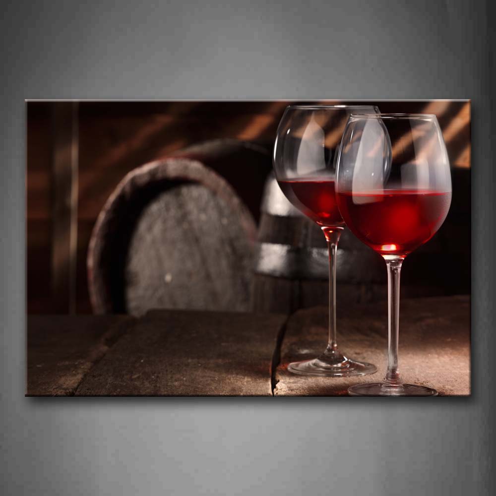 Two Glasses Of Red Wine With Wine Barrel Wall Art Painting The Picture Print On Canvas Food Pictures For Home Decor Decoration Gift 