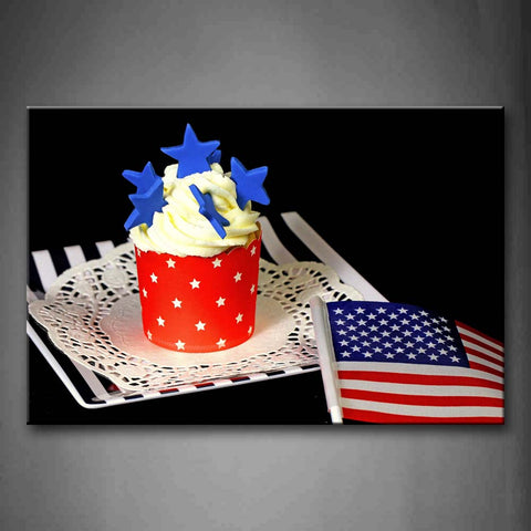 Cupcake With Blue Star And Small Flag Wall Art Painting Pictures Print On Canvas Food The Picture For Home Modern Decoration 