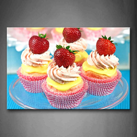 Pink Cupcake With Colourful Cream And Strawberries Wall Art Painting The Picture Print On Canvas Food Pictures For Home Decor Decoration Gift 