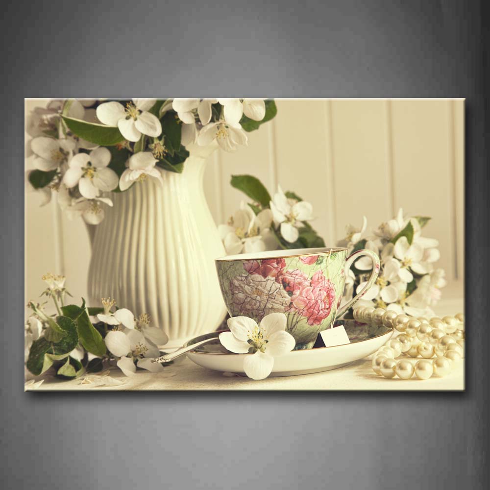 Tea Cup And Flowers With Pearl Wall Art Painting Pictures Print On Canvas Food The Picture For Home Modern Decoration 