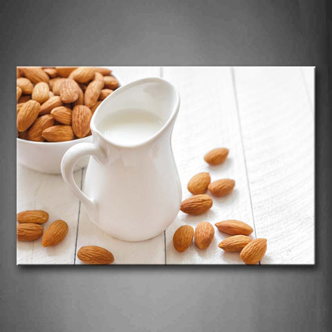 A Pile Of Almond With Bowl And Cup Wall Art Painting The Picture Print On Canvas Food Pictures For Home Decor Decoration Gift 
