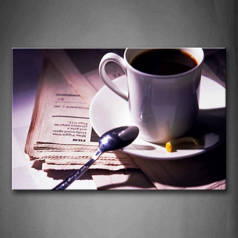 A Cup Of Coffee With Newspaper Spoon Wall Art Painting The Picture Print On Canvas Food Pictures For Home Decor Decoration Gift 