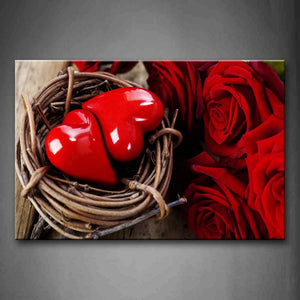 Two Red Heart And Two Roses Wall Art Painting The Picture Print On Canvas Flower Pictures For Home Decor Decoration Gift 