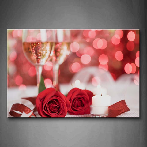 Red Two Rose Beside Two Glasses Of Wine Wall Art Painting The Picture Print On Canvas Flower Pictures For Home Decor Decoration Gift 