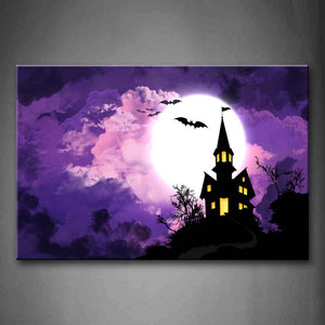 Purple The Gloomy Castle And Bats. Wall Art Painting The Picture Print On Canvas Art Pictures For Home Decor Decoration Gift 