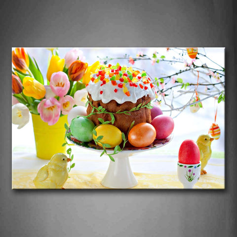 Twe Birds Beside Colorful Eggs And Flowers Wall Art Painting The Picture Print On Canvas Art Pictures For Home Decor Decoration Gift 