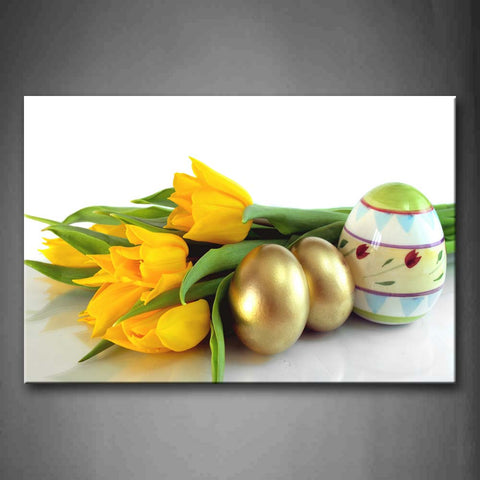Some Yellow Flowers And Two Golden Eggs Wall Art Painting The Picture Print On Canvas Flower Pictures For Home Decor Decoration Gift 