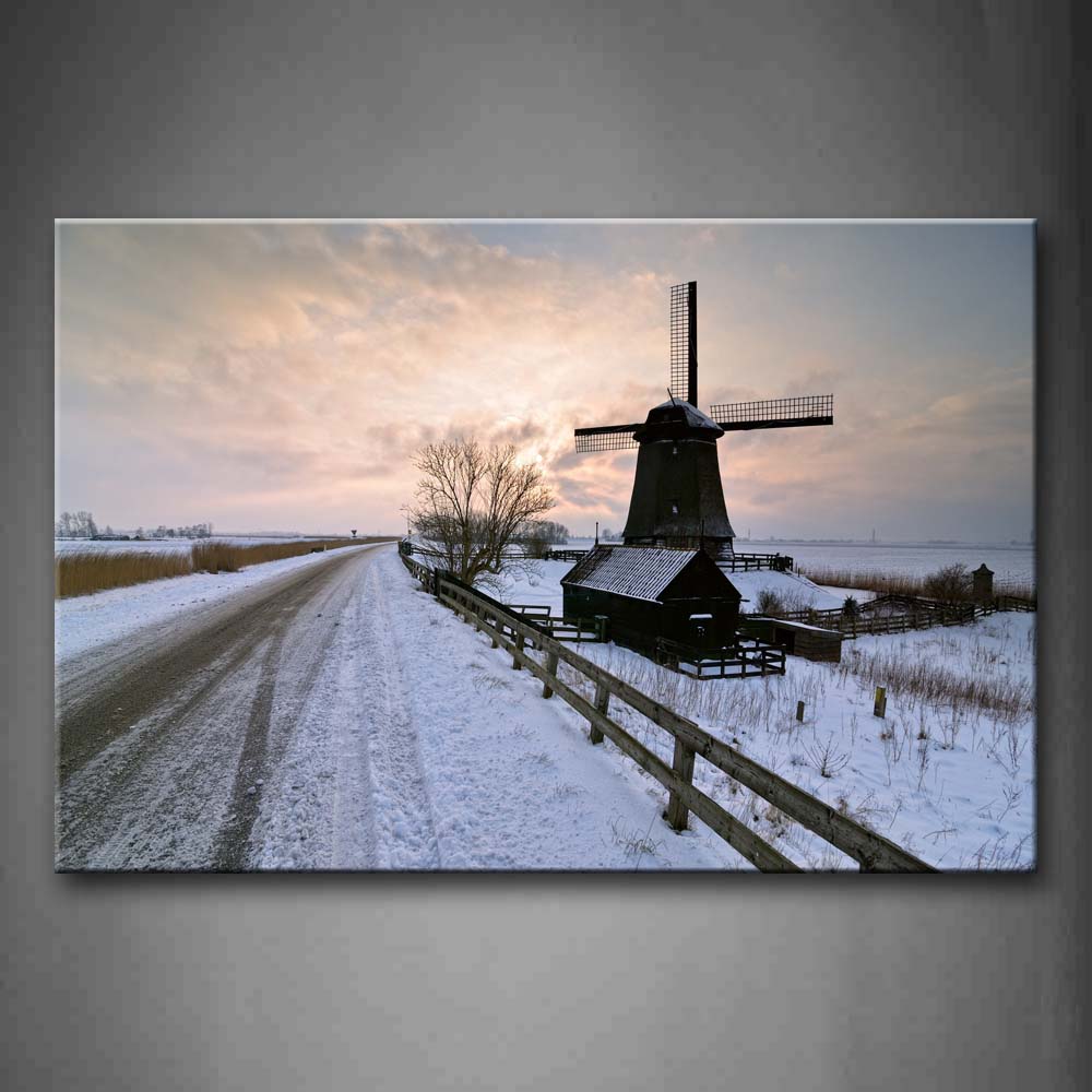 Tree And The Windmill Next To The House Wall Art Painting Pictures Print On Canvas City The Picture For Home Modern Decoration 