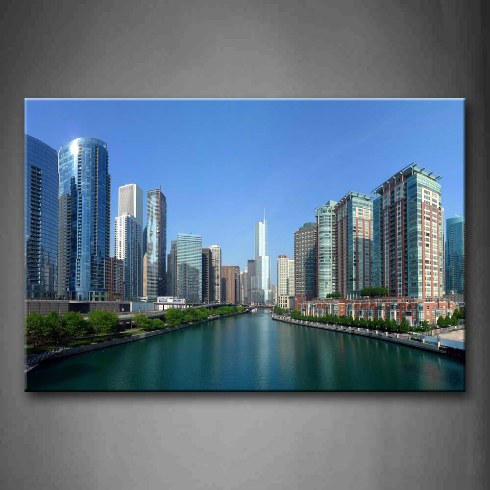 Blue Chicago Next To River  Wall Art Painting The Picture Print On Canvas City Pictures For Home Decor Decoration Gift 