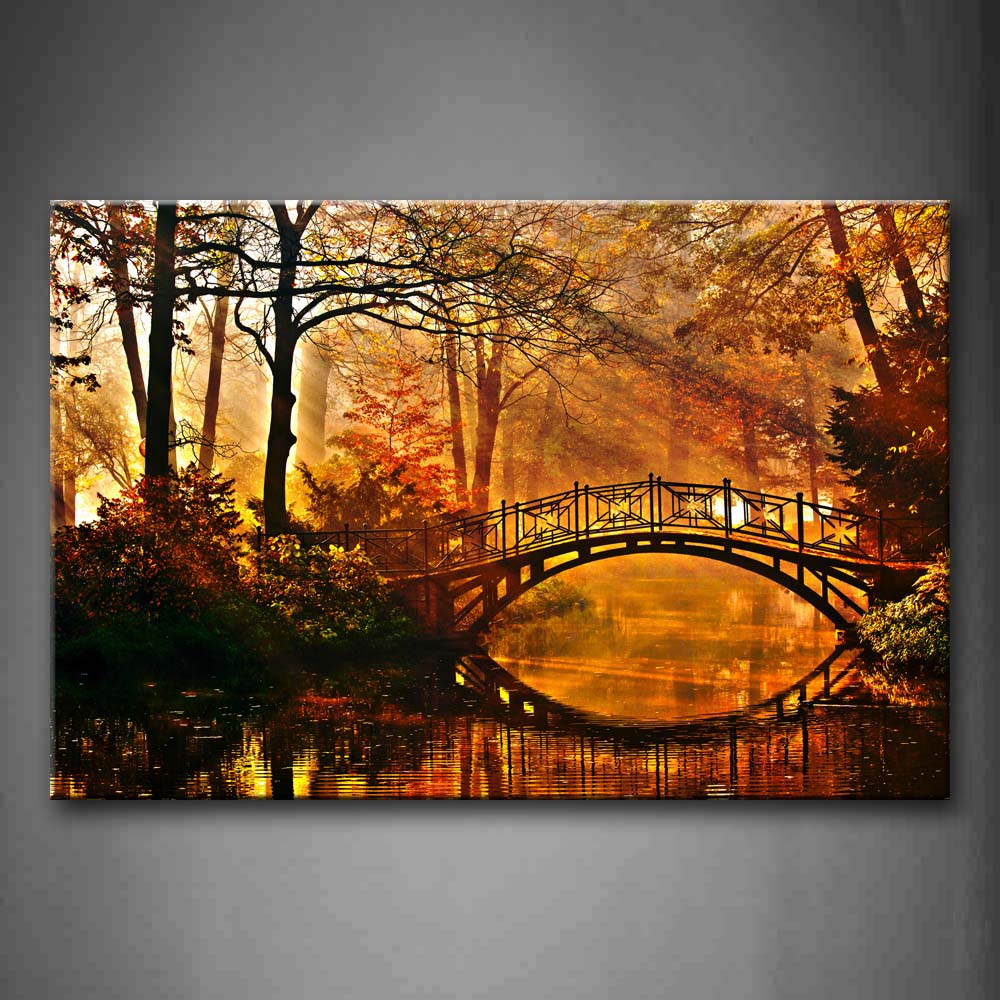 Brown Bridge Next To Trees Reflected In The River Wall Art Painting The Picture Print On Canvas Landscape Pictures For Home Decor Decoration Gift 