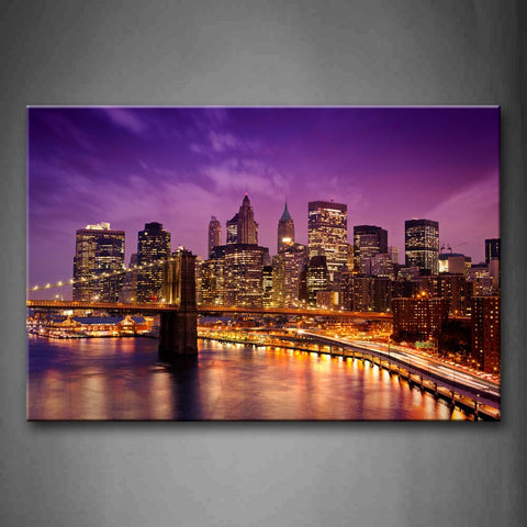 Purple Colorful Lights In Tall Buildings Near Lake Wall Art Painting The Picture Print On Canvas City Pictures For Home Decor Decoration Gift 