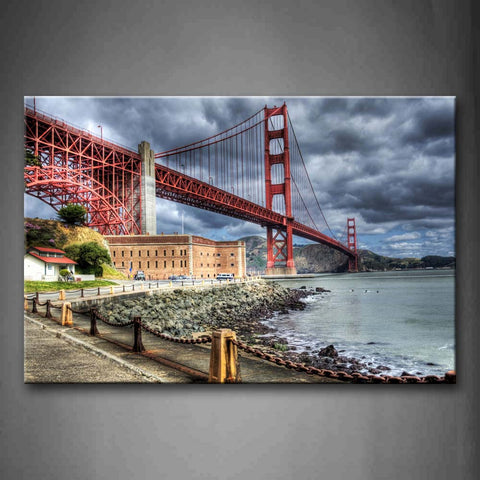 Golden Gate In Red With Clouded Sky And Quiet Lake Wall Art Painting The Picture Print On Canvas City Pictures For Home Decor Decoration Gift 