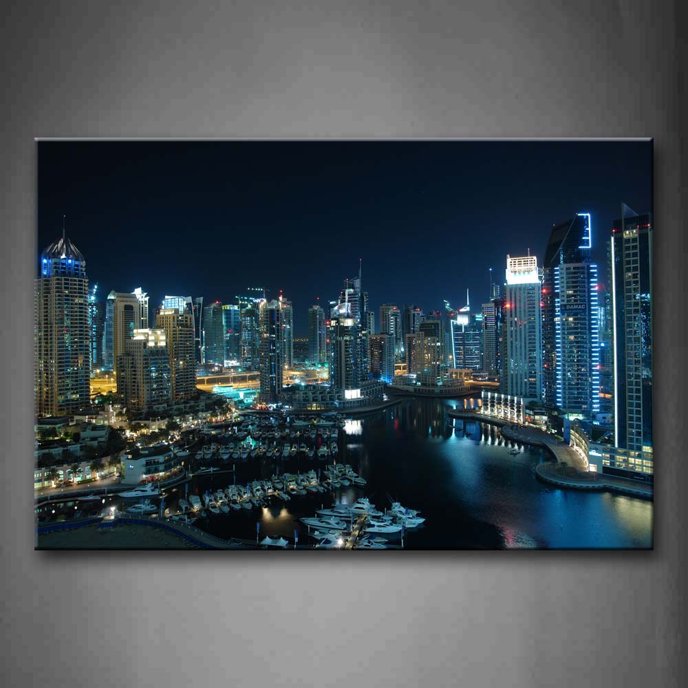 Tall Buildings Boats Over Water At Night Wall Art Painting Pictures Print On Canvas City The Picture For Home Modern Decoration 