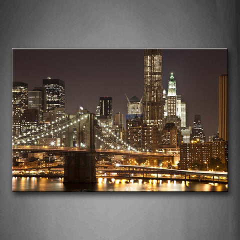 Bright Lights In Buildings And Brooklyn Bridge Wall Art Painting The Picture Print On Canvas City Pictures For Home Decor Decoration Gift 