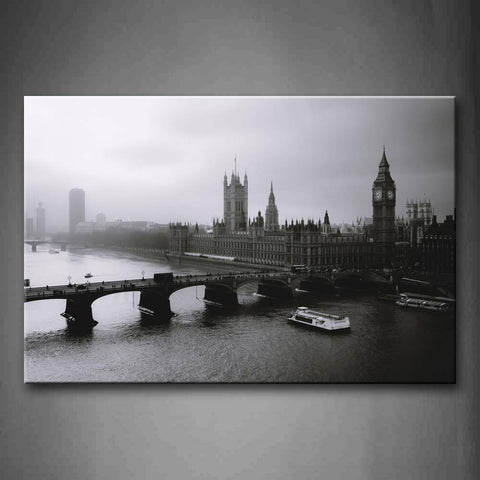 Black And White Long Bridge Boats Over Water Tall Buildings  Wall Art Painting The Picture Print On Canvas City Pictures For Home Decor Decoration Gift 