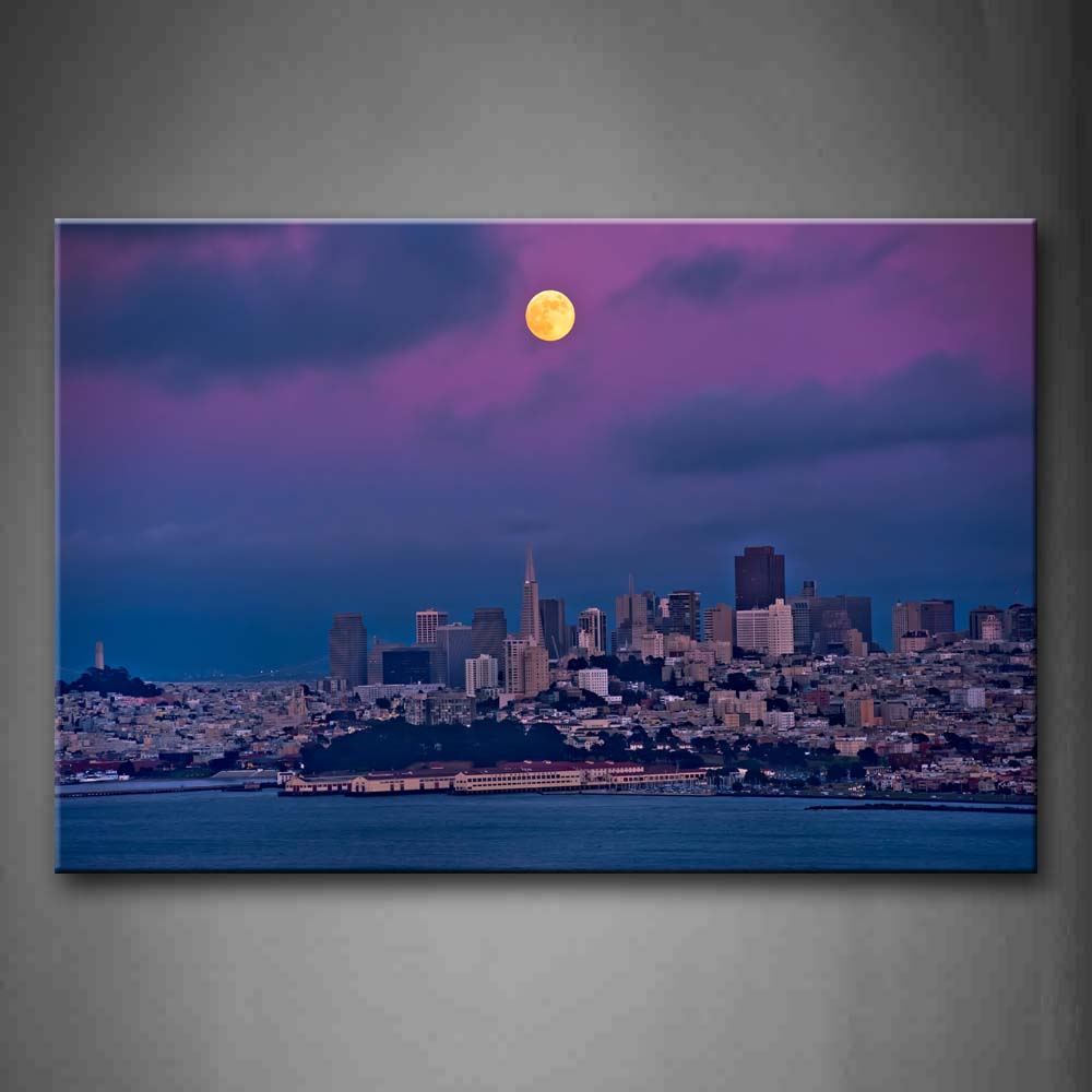 Purple Circle Moon Crowded Buildings Quiet Water Wall Art Painting The Picture Print On Canvas City Pictures For Home Decor Decoration Gift 