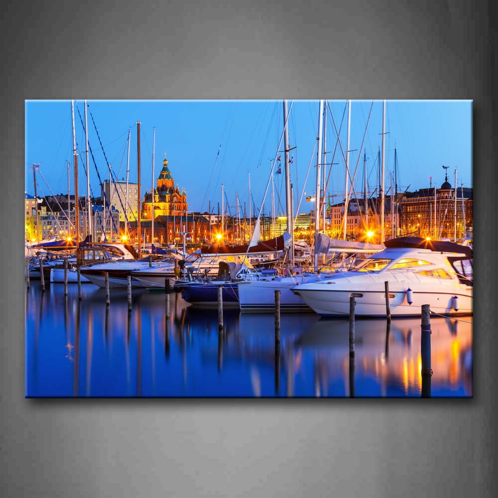 Blue Quiet Harbor With Many Boats Over Water Wall Art Painting The Picture Print On Canvas City Pictures For Home Decor Decoration Gift 