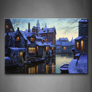 Snow Piled Up On Roof Small Boats On Water Wall Art Painting The Picture Print On Canvas City Pictures For Home Decor Decoration Gift 