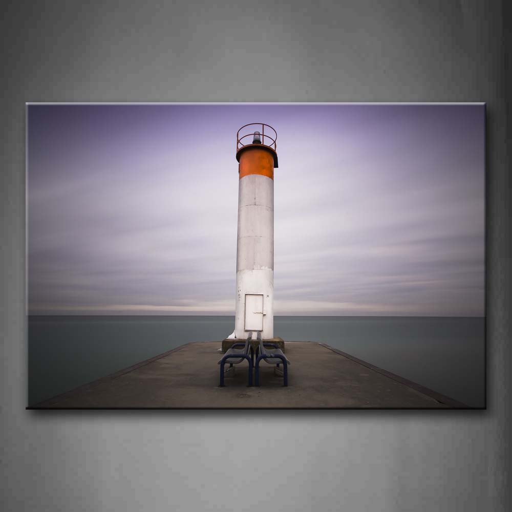 Two Benches The Front Of Lighthouse Wall Art Painting Pictures Print On Canvas City The Picture For Home Modern Decoration 